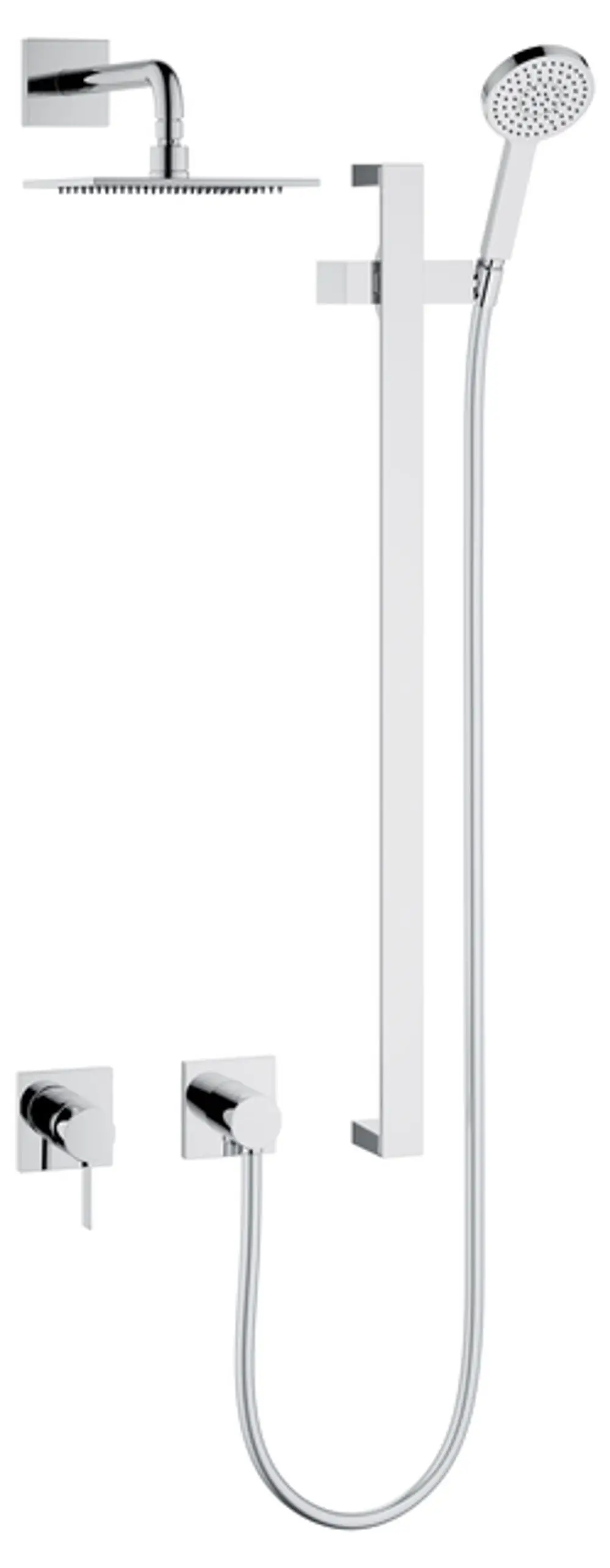 Verchromtes Brause-Set von Keuco mit zwei Verbrauchern, bestehend aus einer Kopfbrause und einer Handbrause, montiert an einem Rechteckrohr mit Bedienelementen.